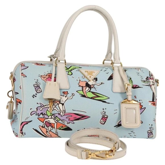 PRADA Hand Bag Canvas 2way Light Blue Gold Auth - Picture 1 of 15